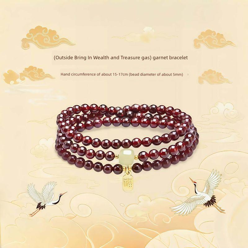 

Браслет из чистого натурального хрусталя с горы Путо, браслет с гранатом, браслет из нефрита Хэтянь, браслет с бусинами удачи, доступная роскошь, нишевые аксессуары Natural Garnet Hetian Jade Three-ring Bracelet