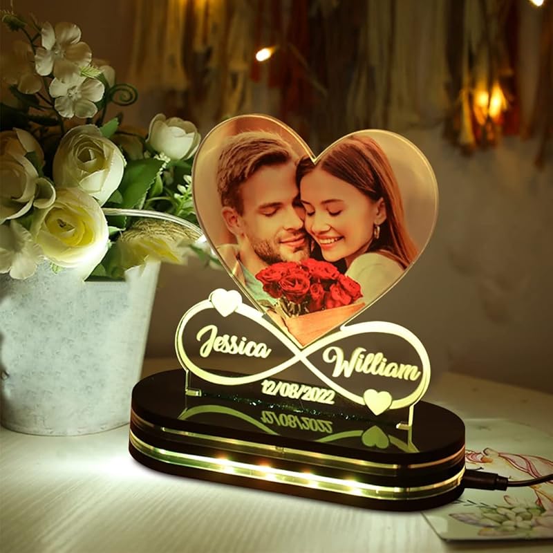 Infinity Heart Personalized Picture Lamp Custom Couple Photo Heart Nigth Light Custom Plaque Bedside Lamp Romantic Gift for Wife Anniversary