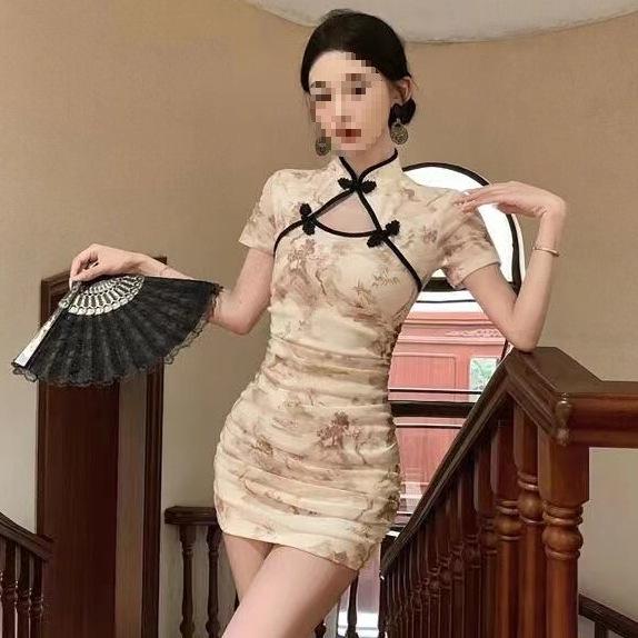New Improved Qipao Style Hollow-Out Frog Button Dress - Feminine Retro Bodycon Short Skirt