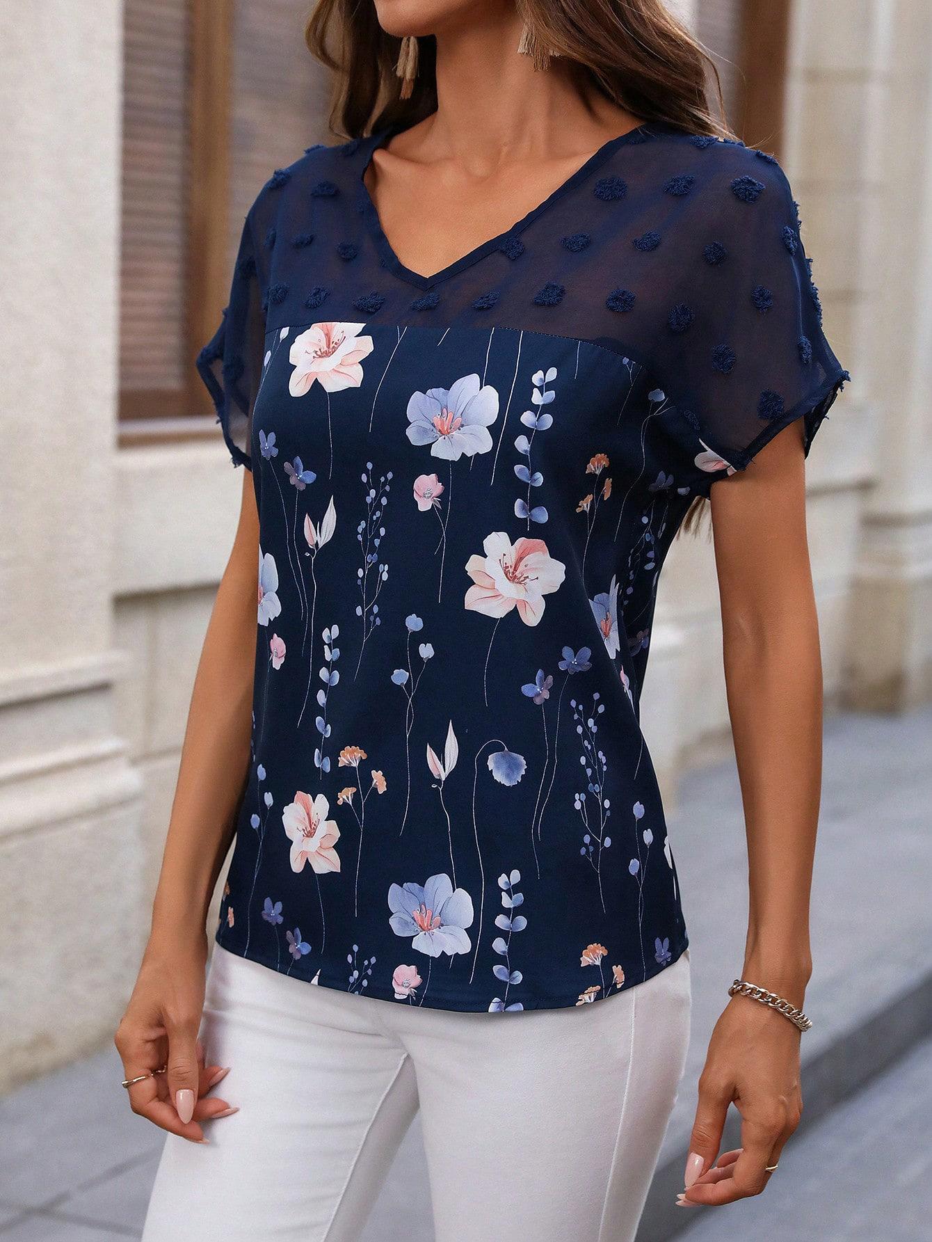 

Летняя женская модная футболка с короткими рукавами и V-образным вырезом, кружевным принтом и лоскутным узором XL темно-синий