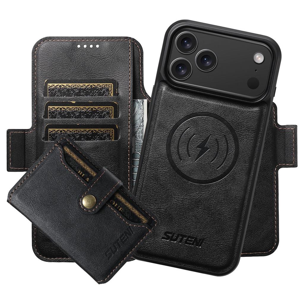 Magnetické kožené flipové pouzdro pro iPhone 17 Pro Max se slotem na karty a bezdrátovým nabíjecím stojánkem 3 v 1