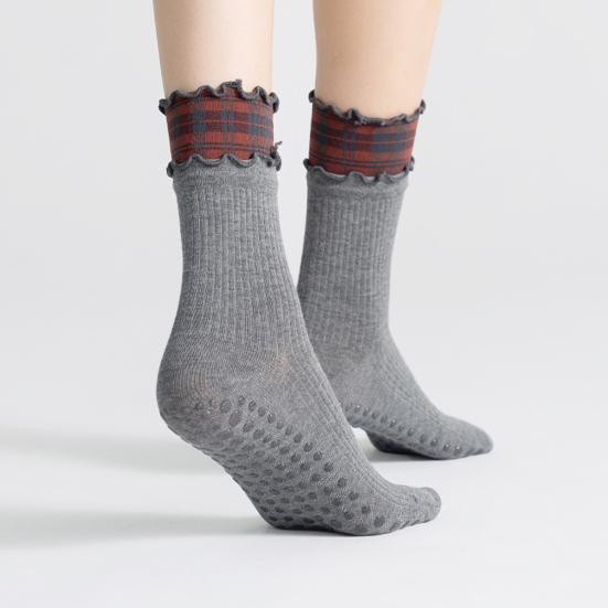 1 Pair Yoga Socks with Non-slip Gripper Double Ruffled Plaid Cuff Mid-calf Socks Women Ballet Dance Pilates Cotton Crew Socks