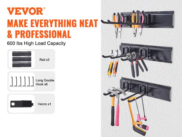 

VEVOR Органайзер для гаражных инструментов Настенный Сверхпрочная стойка для хранения для двора и сада с регулируемыми крючками и направляющими для лопат, триммеров, шлангов