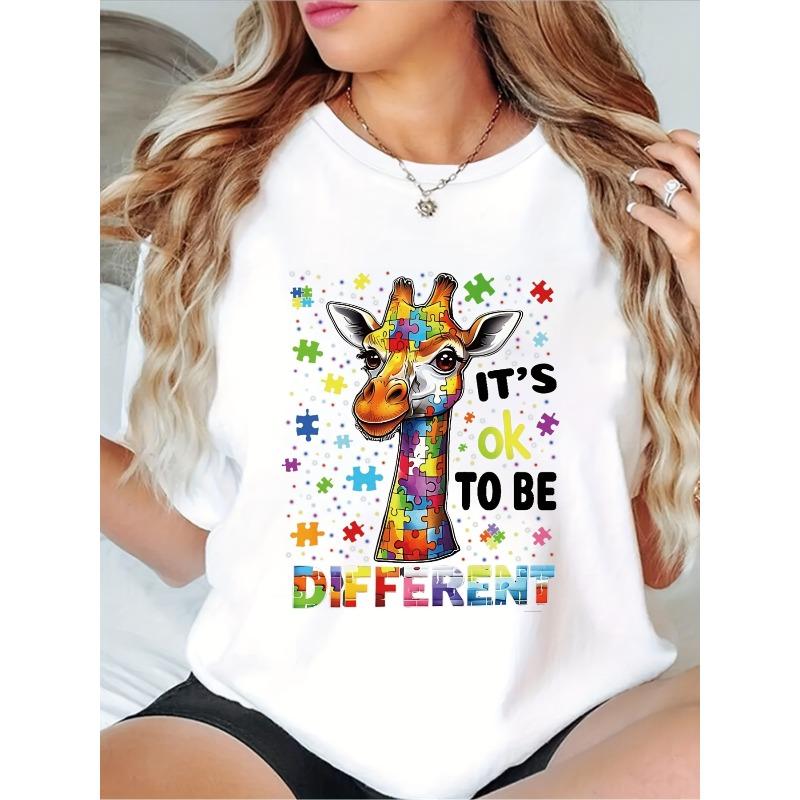 

European Size Autism Awareness T-Shirt - It s OK to Be Different Giraffe & Puzzle Piece Print Top for Parents, Teachers,Carers-Casual Round Neck Tee S белый