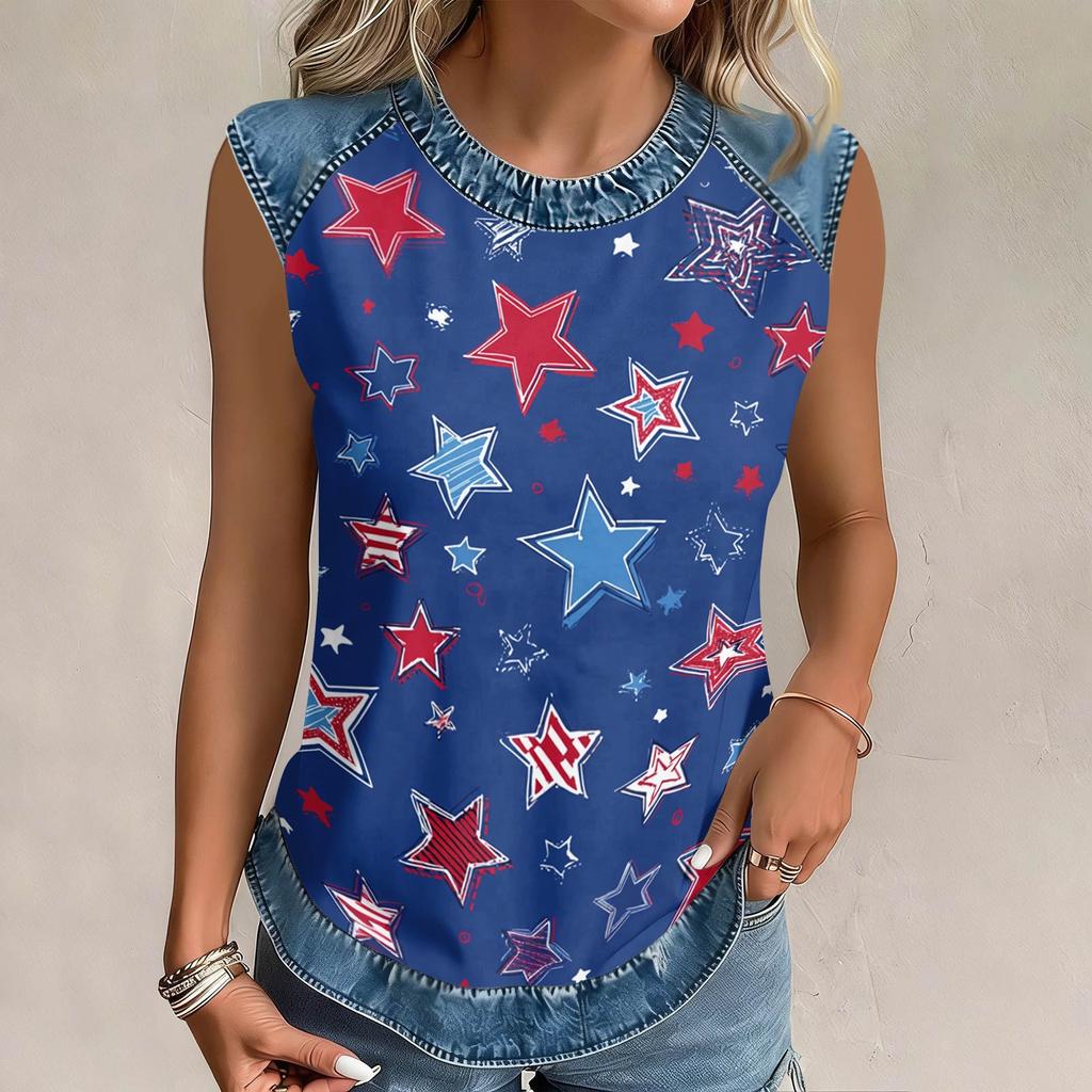 Women Sleeveless Pullover Tank Top Casual Round Neck Star Print Shirt Lightweight Summer Blouse Relaxed Fit