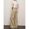 Women's High Rise Flare Jeans Loose Fit Solid Khaki Washed Thin Denim Wide Leg Long Trousers American Retro Casual Style