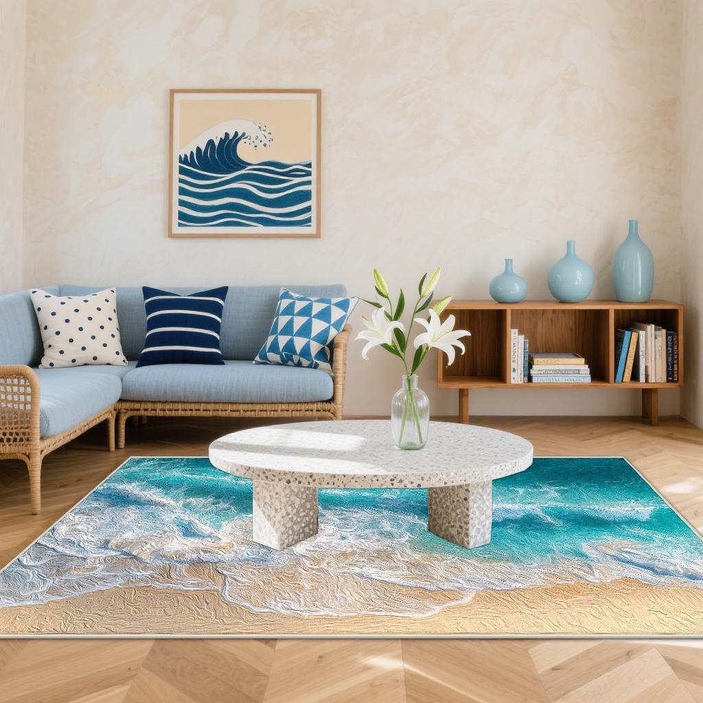 3D Küstenstrandwellen Teppiche Wohnzimmer Cartoon Dekoration Zuhause Großer Teppich Sofabereich Teppich Schlafzimmer Lounge Bodenmatte Waschbar