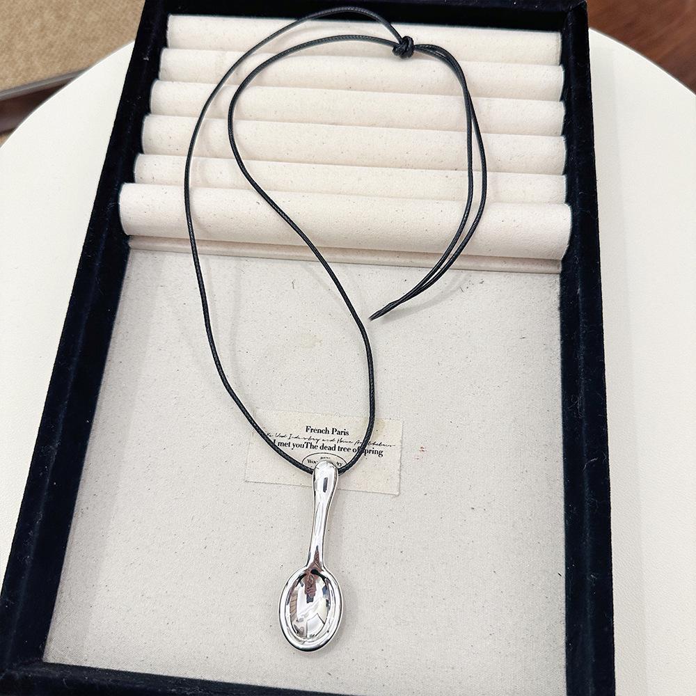 Wu Xin Silver Spoon Pendant Necklace - Niche Fun Black Rope Long Chain for Autumn/Winter Sweaters