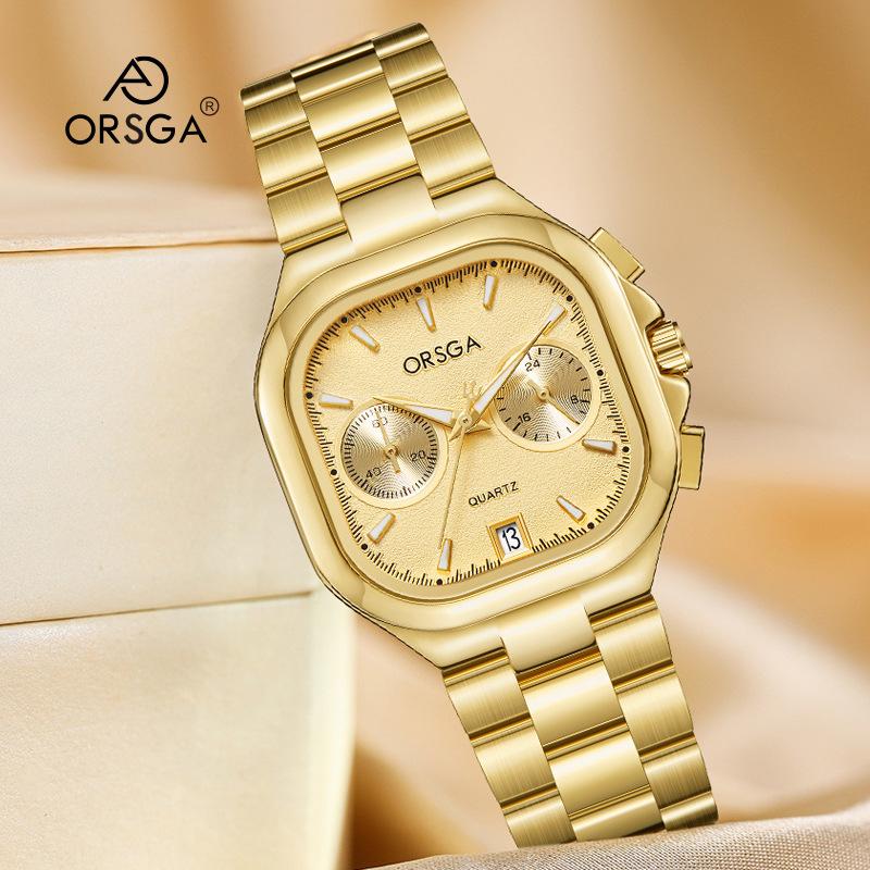 Women's S Elegant Dress Watch with Golden Stainless Steel Band Square Green Dial Waterproof Quartz Wristwatch with Luminous Hand