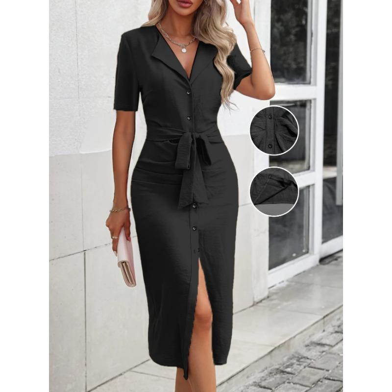 

JKASHDK Женские модные летние весенние однотонные повседневные платья с коротким рукавом и v-образным вырезом и высокой талией M чёрный