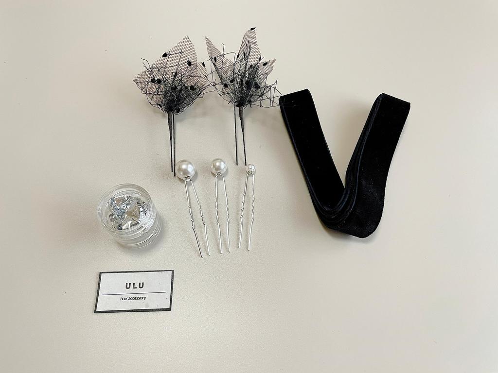 Velvet Pearl Dotted Silver Head Hair Wedding Ribbon, Pin, Tulle, Foil, Black, Kimono, Coming-of-age Ceremony, Graduation, Dress, Wedding, Accessory,