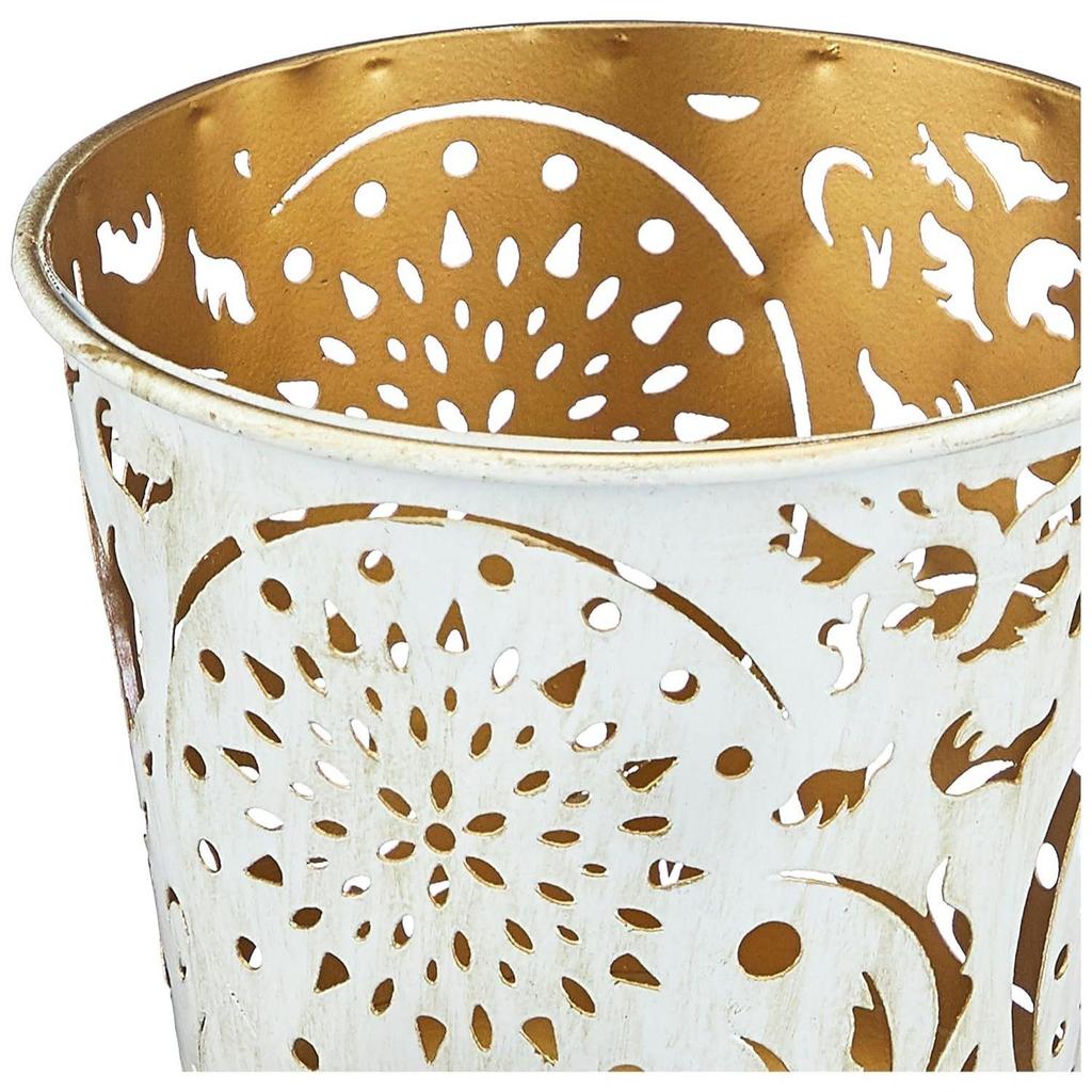 Ornamental Iron Tea Light | Stylish | for Indoors & Outdoors Décor (White with Gold Texture)