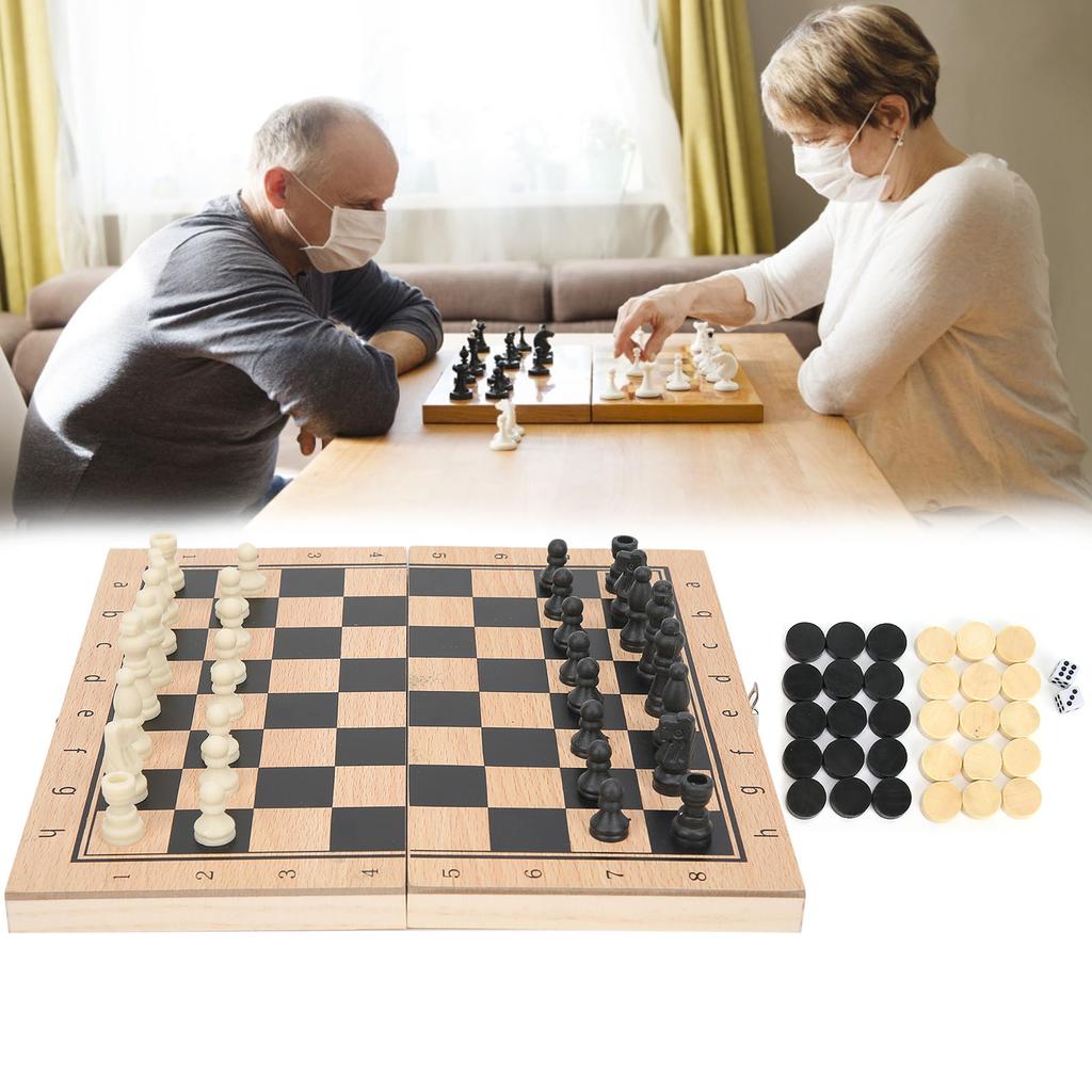 3‑In‑1 Wooden Chess Checkers Folding Portable Interactive Chess Board Toy