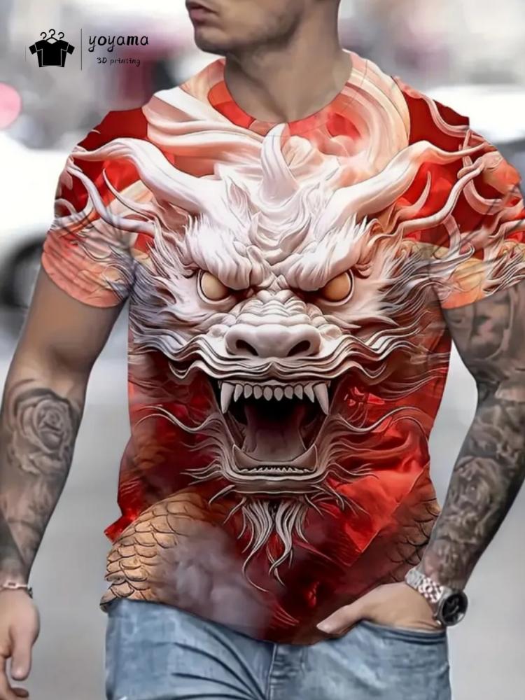 Summer Round Neck 3D Print Top Fashionable Casual Short Sleeved Dragon Pattern Men's T-shirts