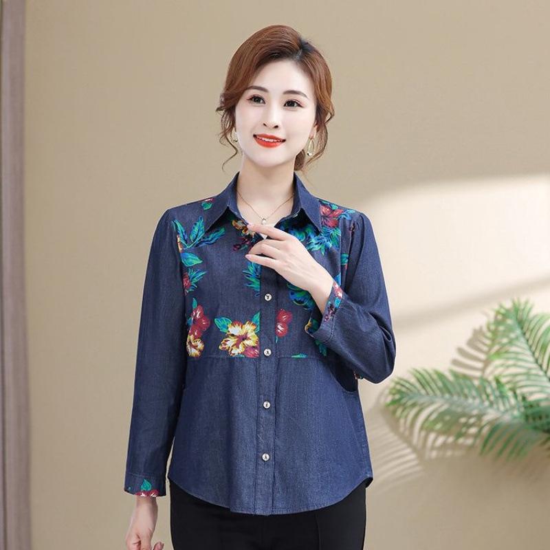 Stylish Women's Pure Cotton Denim Patchwork Long Sleeve Shirt - Loose Fit and Slimming Spring/Autumn Jacket