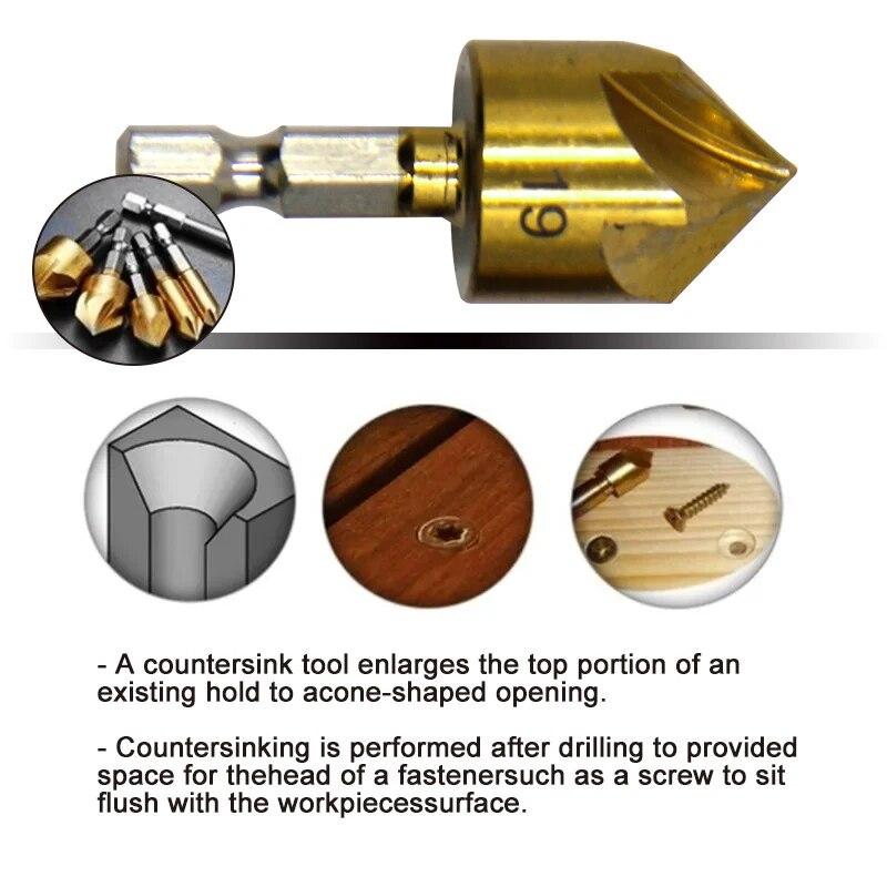 6PC Hexagonal Handle Titanium Plated Five Edge Chamfering Knife Countersunk Drill 6-19mm Woodworking Spot Facer Tool Set