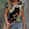 Women's T-shirt Casual Loose  Clothing Cat Pattern Top Summer New Fashion V-neck