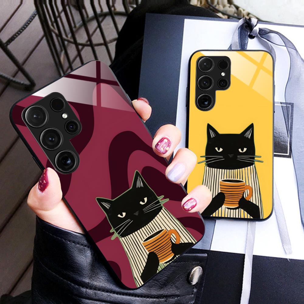 Süße Kaffee-Katze Glas Handyhülle für Samsung Galaxy A56 55 54 53 52 51 36 35 34 23 16 15 5G Buntes Cover