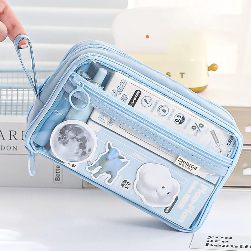 Nannlia Transparent Pencil Large Korean for Middle High and College Boys and Girls Case, Capacity, Stylish, 6-Layer Design, Simple, Multifunctional,