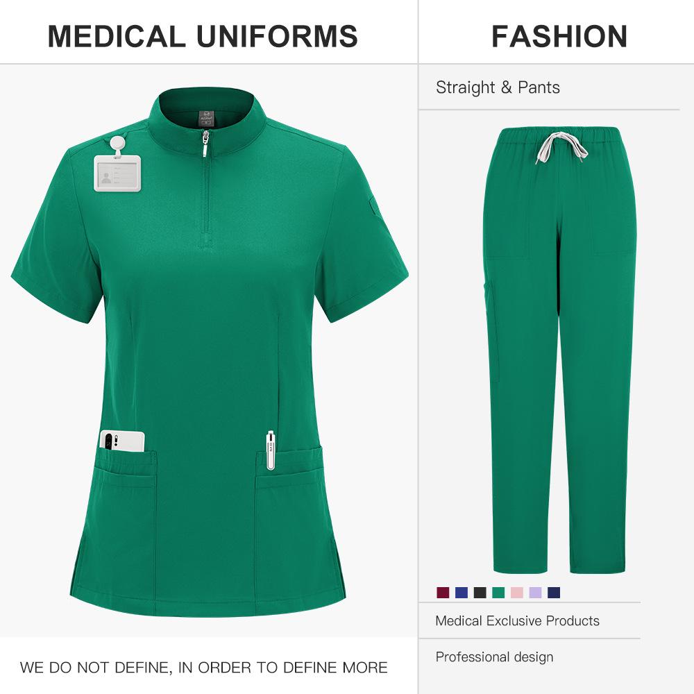 Zippered Stand-Up Collar Scrub Suit with Straight-Leg Pants In Solid Color for Healthcare Professionals