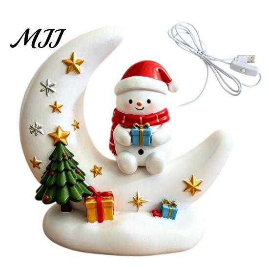 Elk Figurine Ornament Christmas Moon Night Light with Santa Claus, Resin Decoration Warm LED Ornaments Glow, Holiday Tabletop for Home