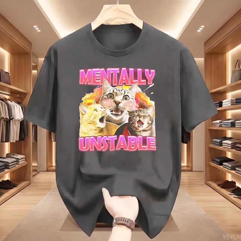 Mentally Cat Meme Aesthetic T Shirts Mens Women Vintage O-Neck Tshirt Short Sleeve Oversized Tshirts