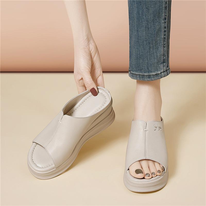 Soft-soled casual leather sandals comfortable spring and summer new outer slippers heightened thick-soled wedge heel fish mouth sandals