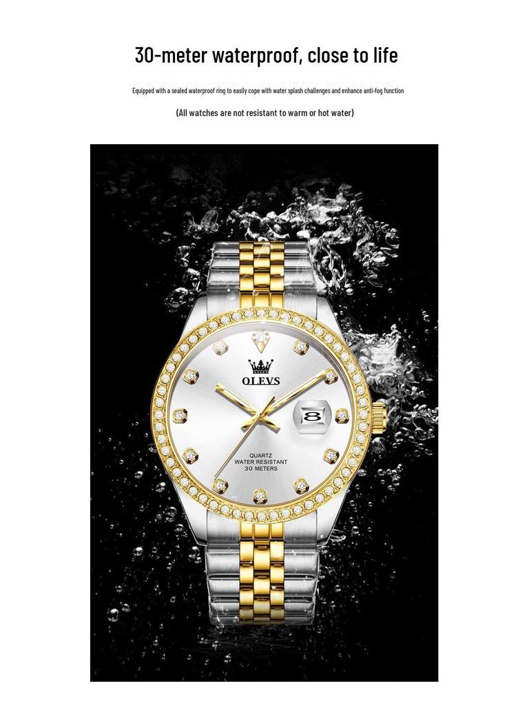 Olishi Men's Luminous Waterproof Quartz Watch with Diamond Bezel and Steel Band
