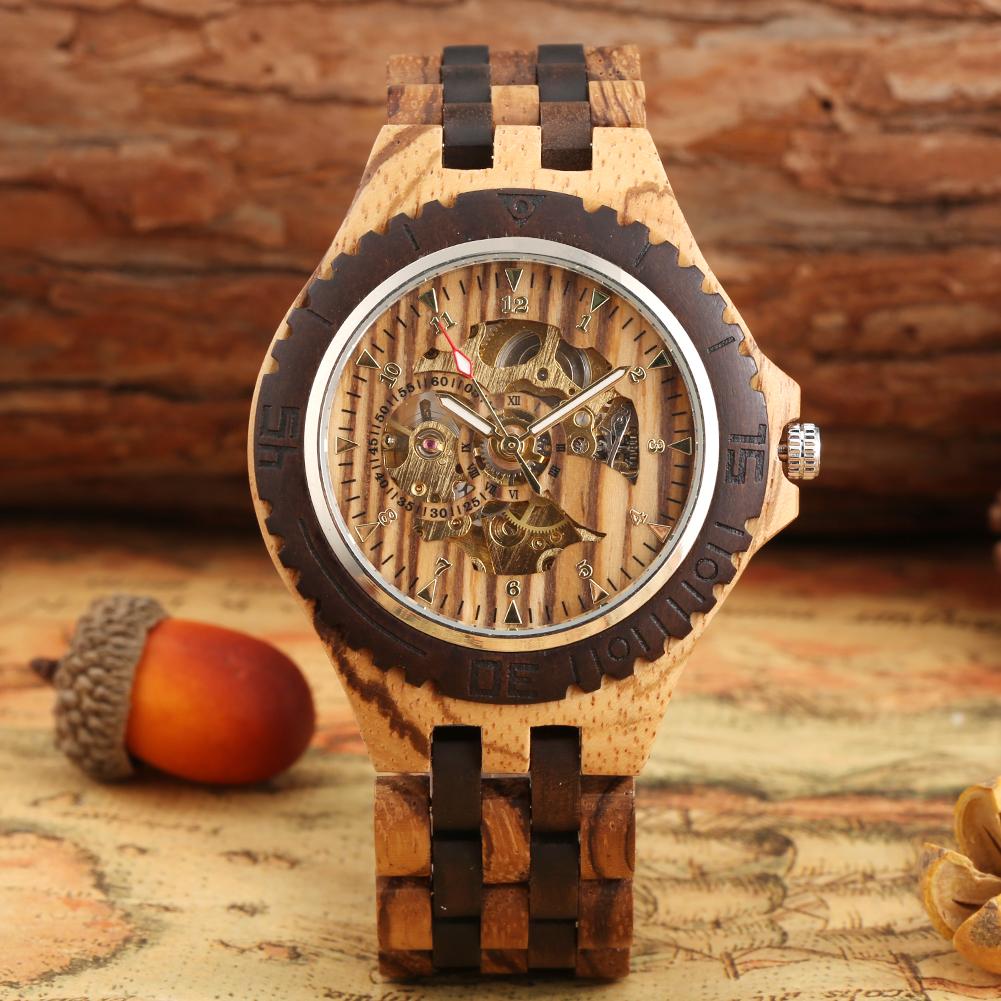 Vollholz Automatik Herrenuhren Analog Arabische Ziffern Anzeige Holzarmband Armband Selbstaufziehend Herren Armbanduhr