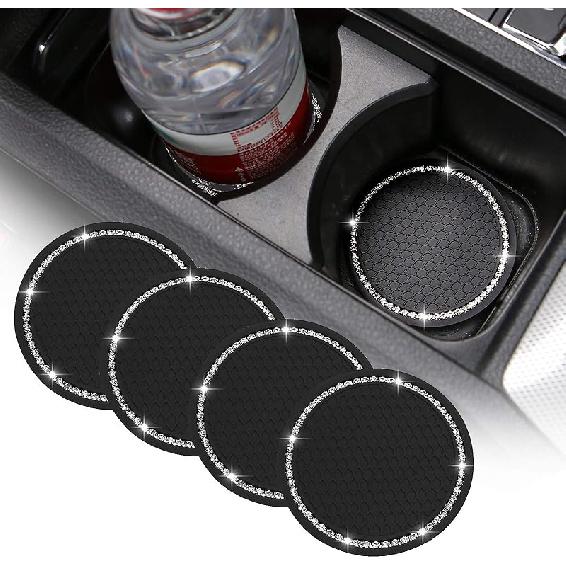 ACODABLEM 4 Pack Bling Car Coasters, 2.75 Inch Bling Crystal Rhinestone Soft Rubber Universal Anti-Slip Glitter Cup Mats Auto Drink Coaster Car