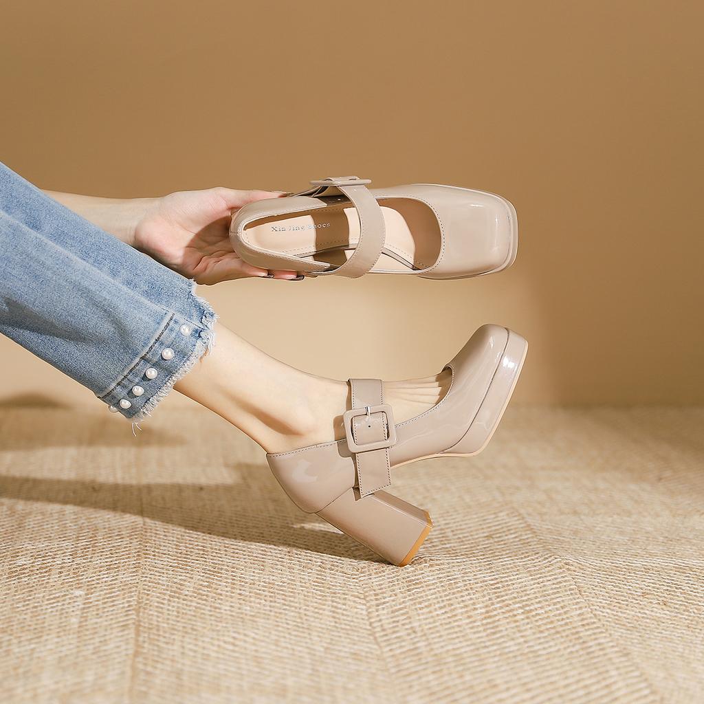 3359-17 Mary Jane Square Head High-heeled Single Shoes, New Light-mouth Buckle Thick-heeled Women's Shoes with Square Buckle Single Shoes