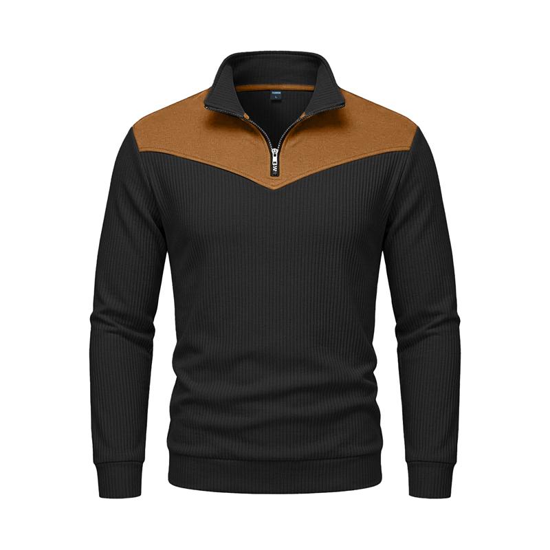 Herbst Winter Herren Color Block Sweatshirt Vertikal Rippstrick Halber Reißverschluss Stehkragen Pullover Wildlederflicken Schulter Ellbogen Vintage Lässig Langarm Oberteile