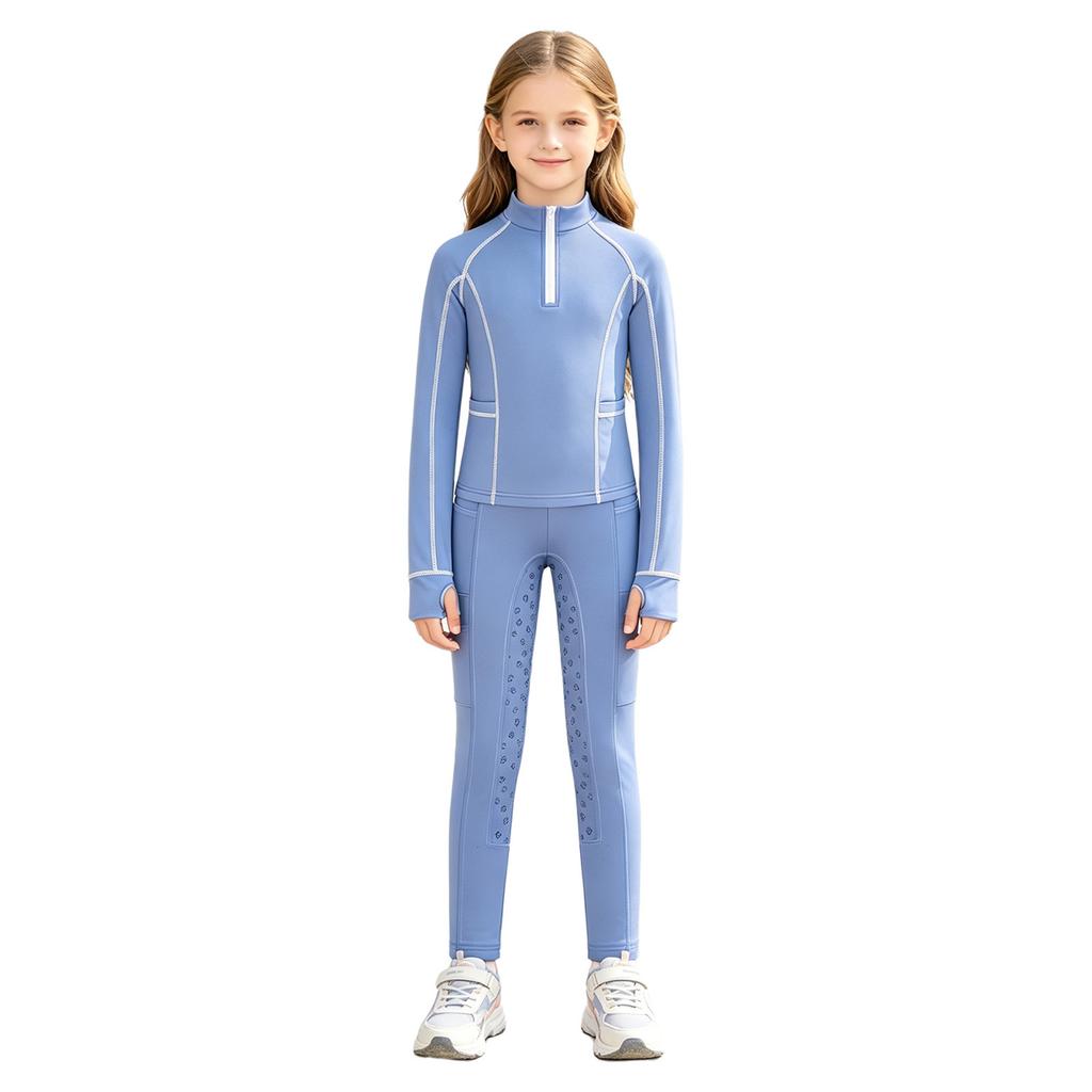 Tenue d'équitation pour filles Ensemble à col montant, manches longues avec trous pour les pouces, pull à fermeture éclair avec pantalon d'équitation à grip intégral antidérapant pour l'entraînement