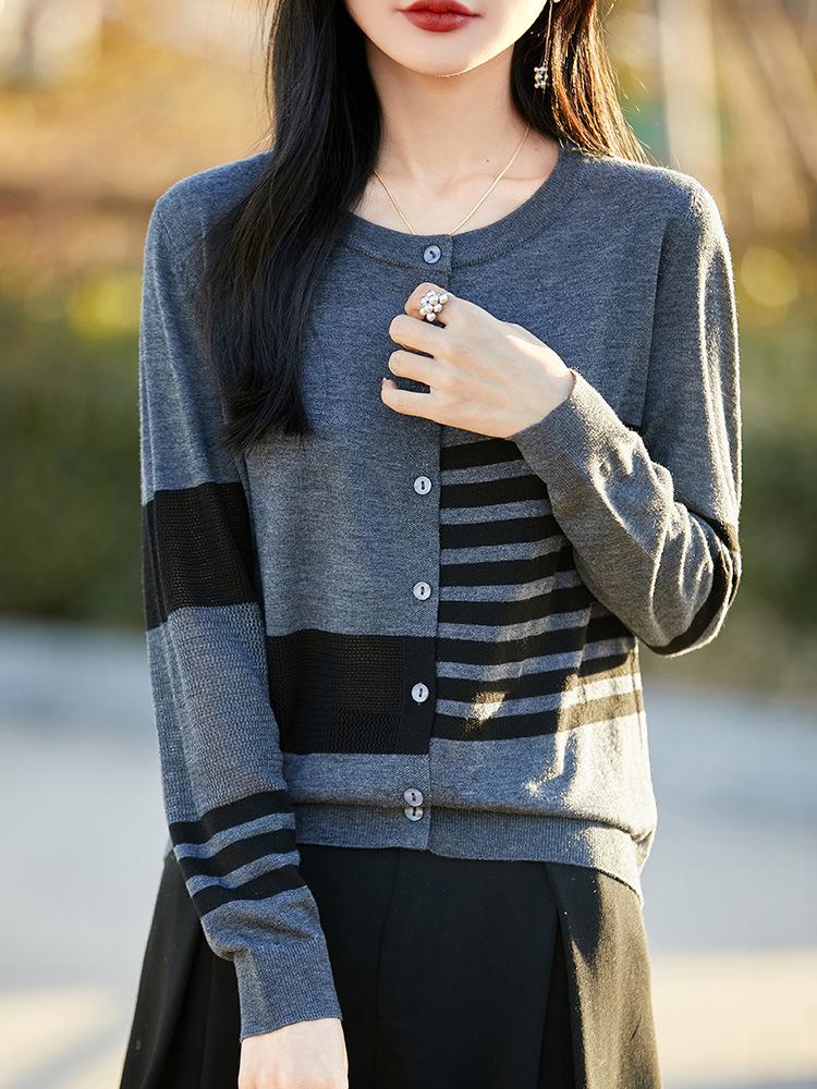 Korean-Style Color-Block Striped Wool Sweater Coat - Autumn/Winter, Loose Fit, Round Neck, Long Sleeve Cardigan.