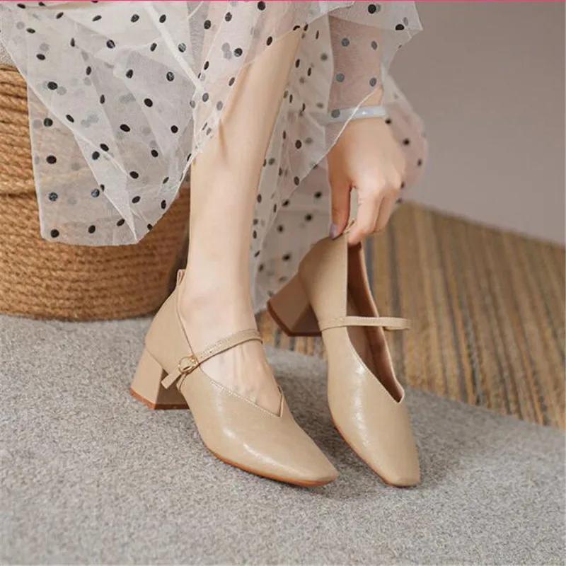 Fashion 2024 New Square-toe Woman Leather Shoes Elegant French Retro High Heel Shoes Women'S Shallow Mouth Casual Chunky Heel Dress Sho