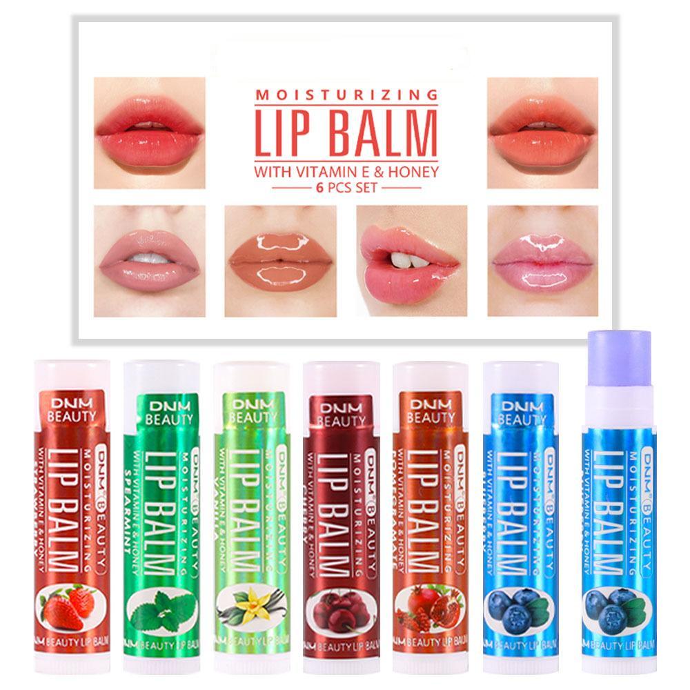 6-teiliges Lippenbalsam-Set, eine Vielzahl von feuchtigkeitsspendenden Lippenbalsamen mit Fruchtgeschmack, feuchtigkeitsspendende Basis, Lippenbalsam-Sets, Lippenpflege, Lippen-Make-up, Geschenk für Frauen