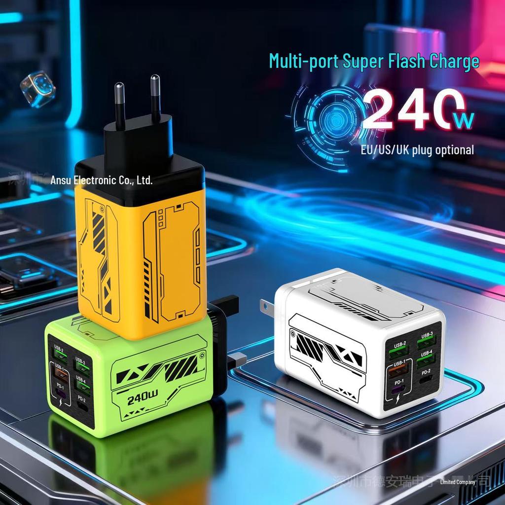 Mecha Style PD240W Fast Charger: 4-USB & 2-Type-C Ports, Compatible with Apple & Huawei Devices