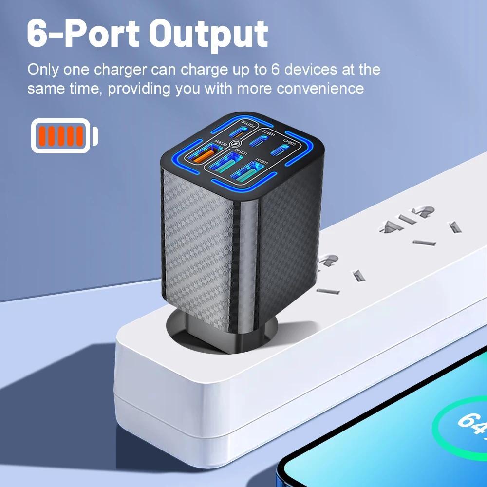50W 6 Port USB C Charger Fast Charging Type C 3PD + 3USB QC3.0 Mobile Phone Adapter For iPhone Xiaomi Samsung Ipad Realme Tablet