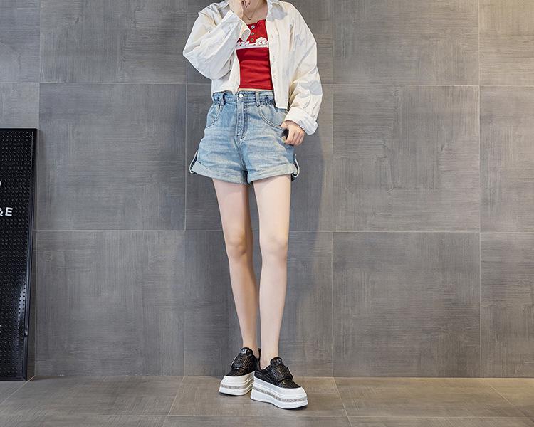 2025 Autumn Women's Rhinestone Sneakers - Petite Height Boost, Magic Tape Closure, Casual Trendy Thick Sole, White