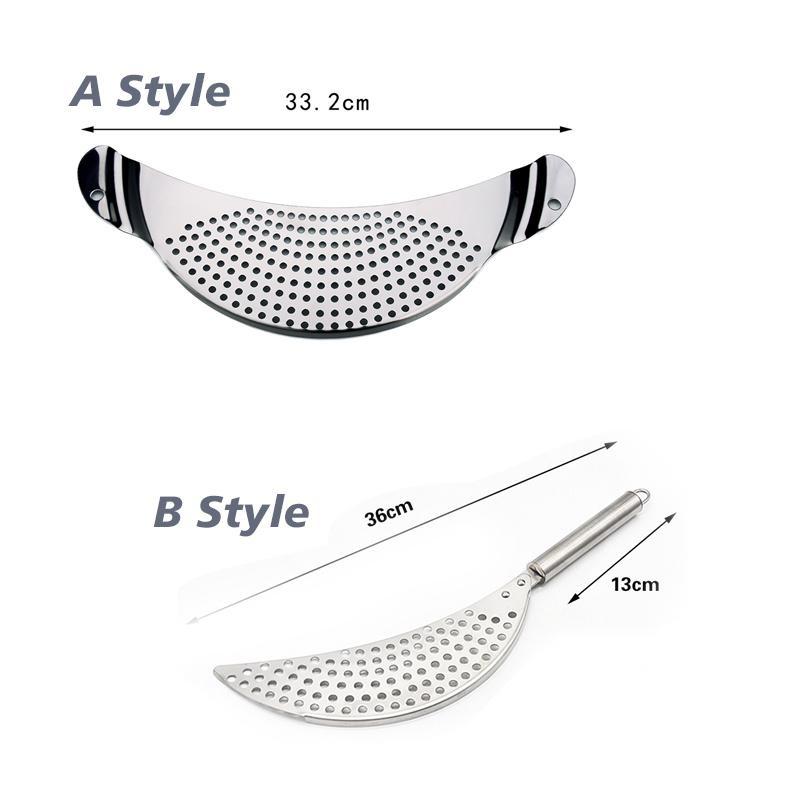 2 Arten Edelstahl-Wasserfilter, mondförmiger Topfrand, Schlackenfilter, Schallwand, Gemüseabflusssieb, Nudelabtropfgestell, Pfannentopfsieb, Küchenhelfer