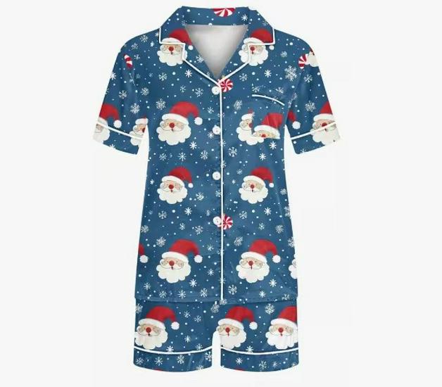 2025 Grenzüberschreitender Weihnachts-Pyjama: Druck Umlegekragen Kurzarm Shorts Hausanzug Set.