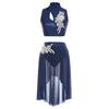 Womens Lyrical Dance Outfits Sleeveless Hollow Out Crop Top Irregular Mesh Hem Briefs Skirt Applique Dancewear Set