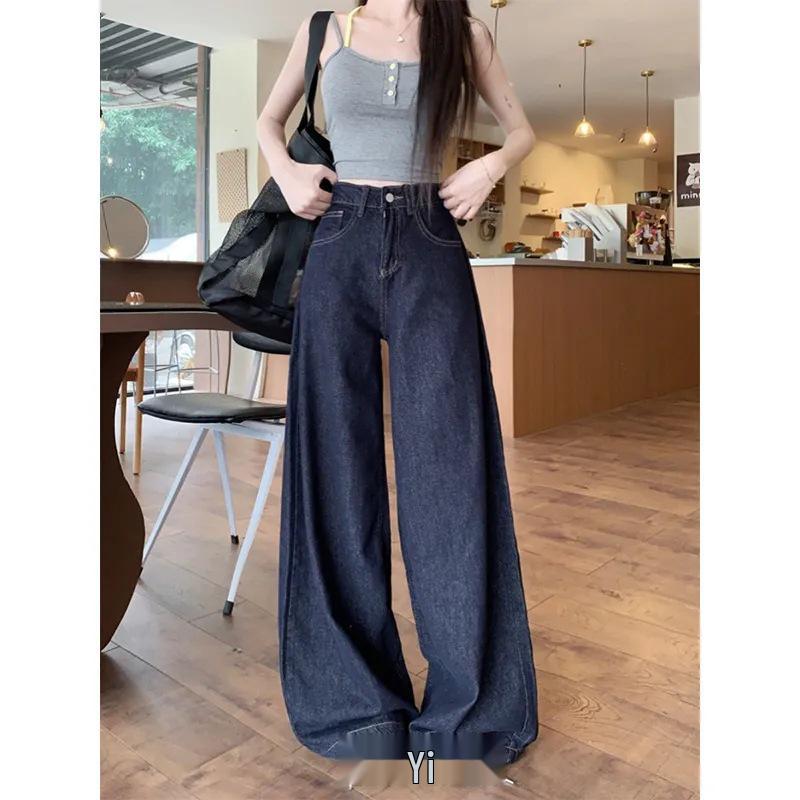 

Женские джинсы большого размера из темного денима с широкими штанинами - Стройнящие и стильные для весны/лета 2025 XXL темно-синий