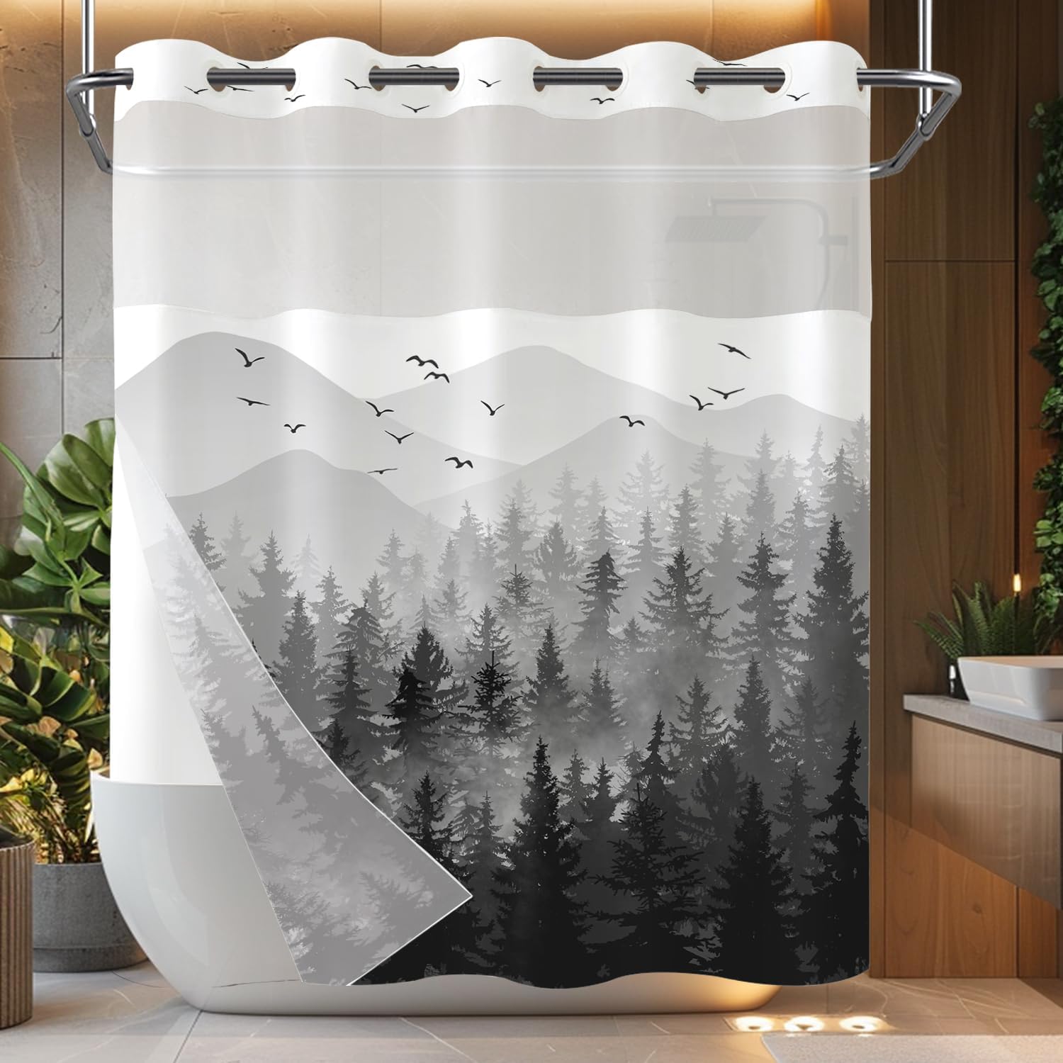 

Mountain Forest Shower Curtain Black White Landscape Art Trees Birds Foggy Scene Bathroom Decor Waterproof Fabric Minimalist W60H190(CM)-1 Pcs