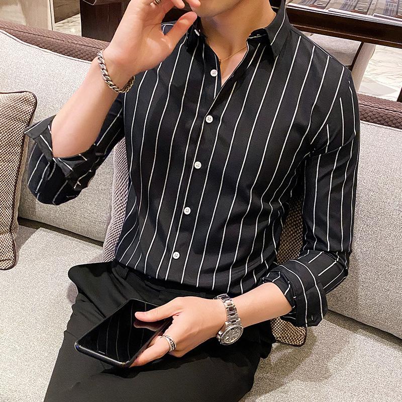 

Повседневная полосатая рубашка Мужская рубашка с длинным рукавом Универсальная рубашка 5XL чёрный