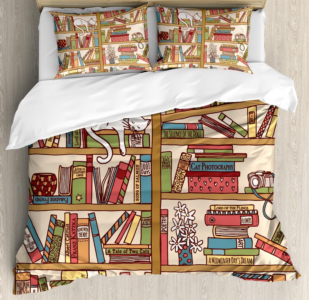 Books Lovers Gift Duvet Cover Set Full Size,Readers And Literary Lover Bedding Sets,Vintage Librarians Bookshelf Comforter Cover