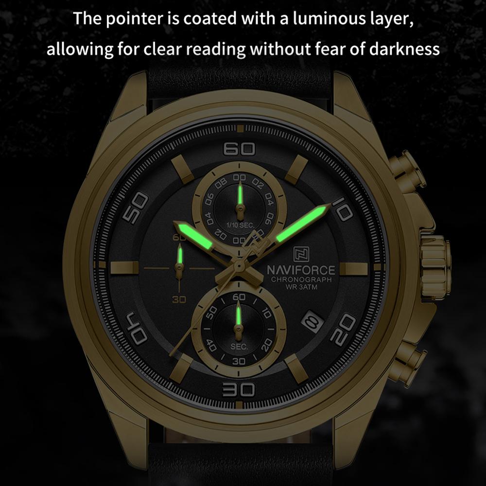 NAVIFORCE Men's Leather Watch Stopwatch Chronograph Calendar Luminous Hand Waterproof 3ATM Casual Business Fashion Watch NF8075