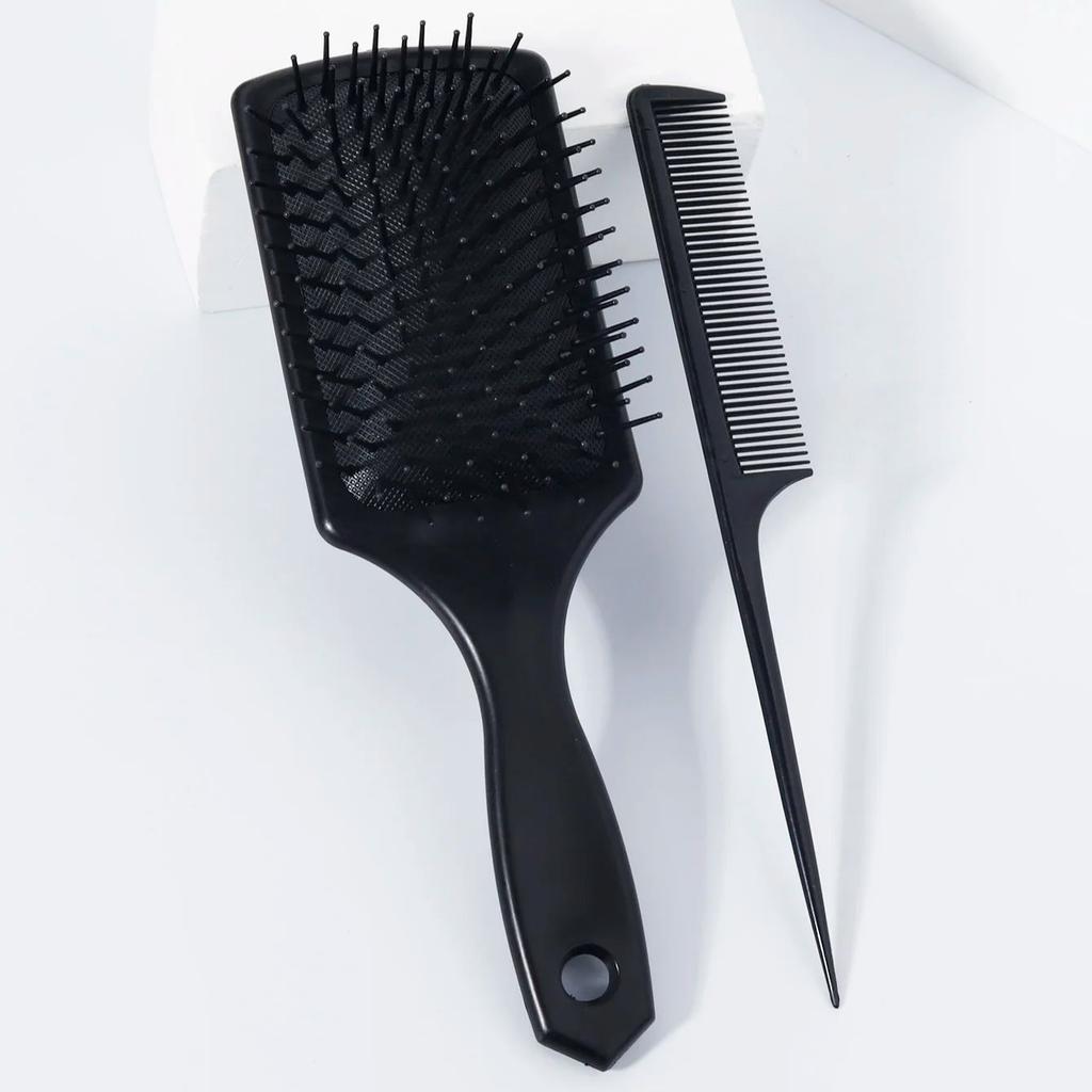2pcs Black Comb Set, Exfoliating Anti-static Paddle Style Air Brush, Pointed Tail Comb, Suitable for All Types of Hair