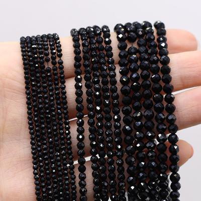 Perles d'espacement en agate noire en pierre naturelle de 2/3/4 mm, perles rondes à facettes pour la fabrication de bijoux, fournitures de bricolage, collier, bracelet, accessoires