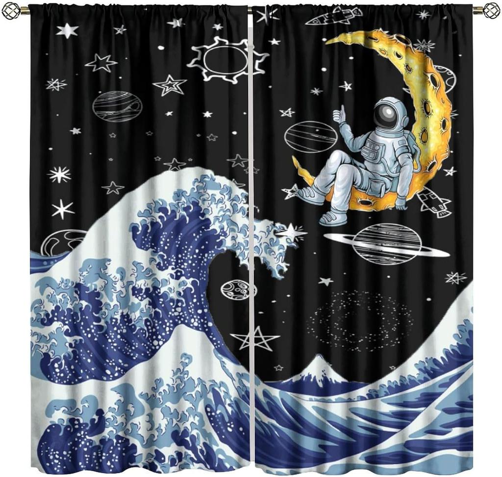 Kids Outer Space Curta, Universe Themed Earth Moon Rockets Stars Window Drapes, For Boys Girls Room Bedroom Living Room